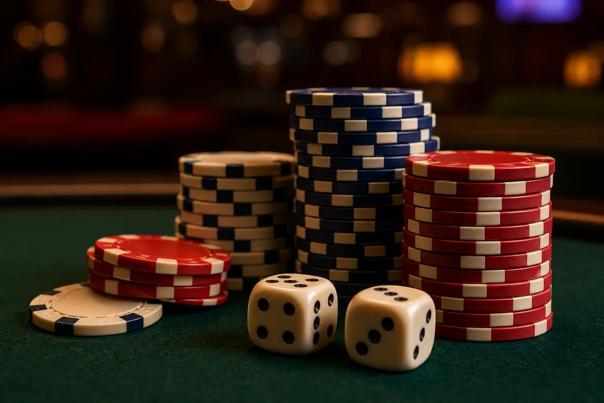 Jetons de casino et dés en gros plan sur un tapis de jeu