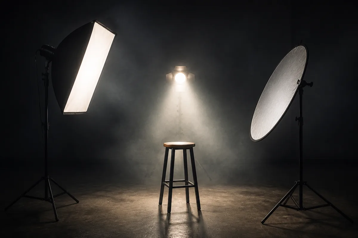 Trois sources lumineuses disposées autour d’un tabouret vide dans un studio sombre