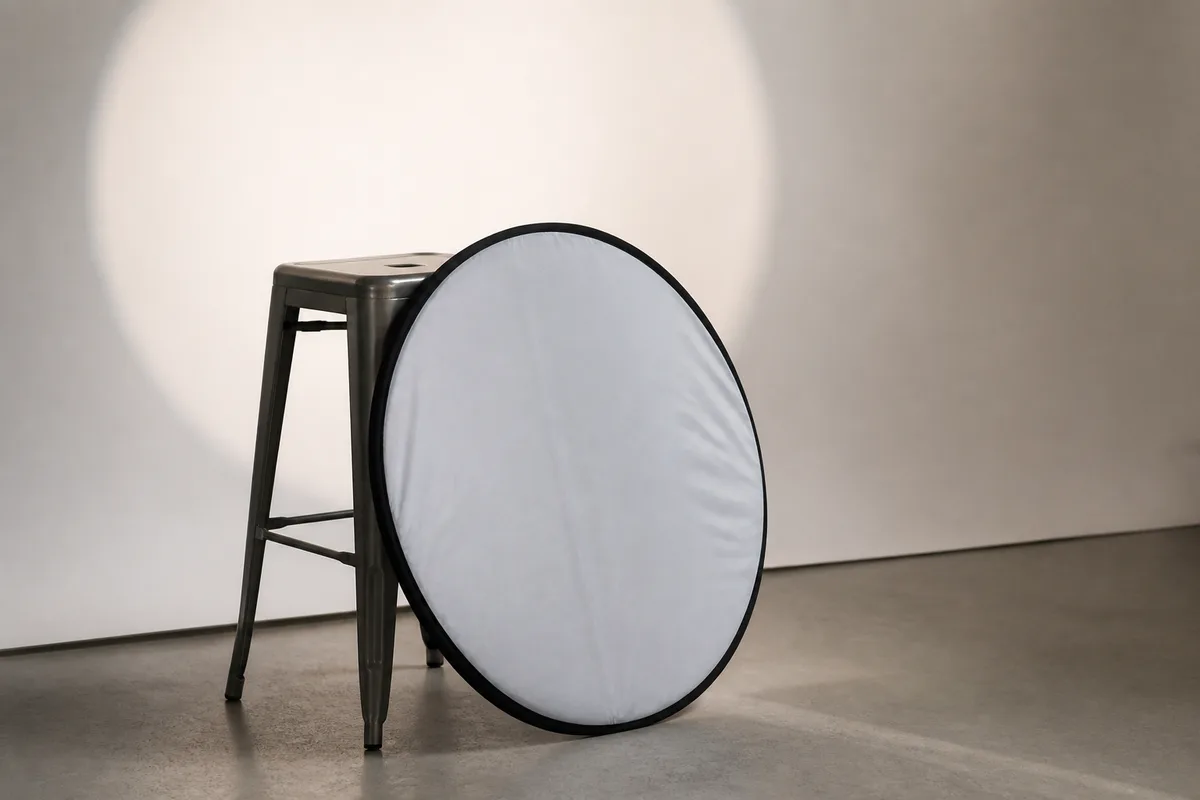 Réflecteur blanc pliant appuyé contre un tabouret, halo lumineux sur un fond uni