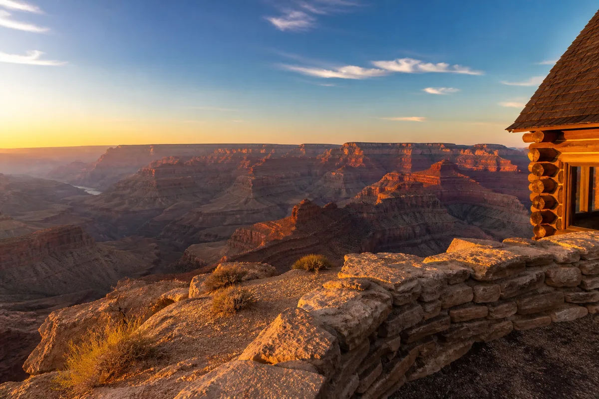 Vue au lever du soleil depuis la rive sud du Grand Canyon avec un bâtiment en pierre et rondins