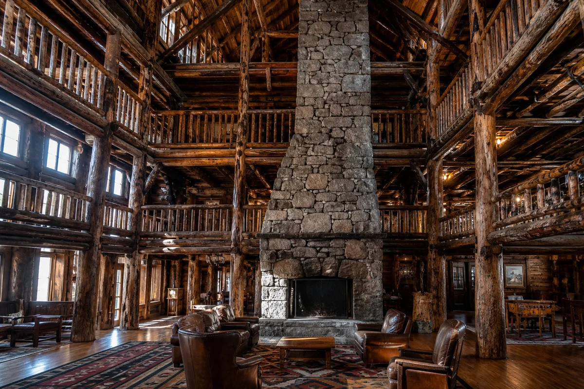 Grand hall en rondins d’un lodge de parc national avec cheminée de pierre et lumière rasante
