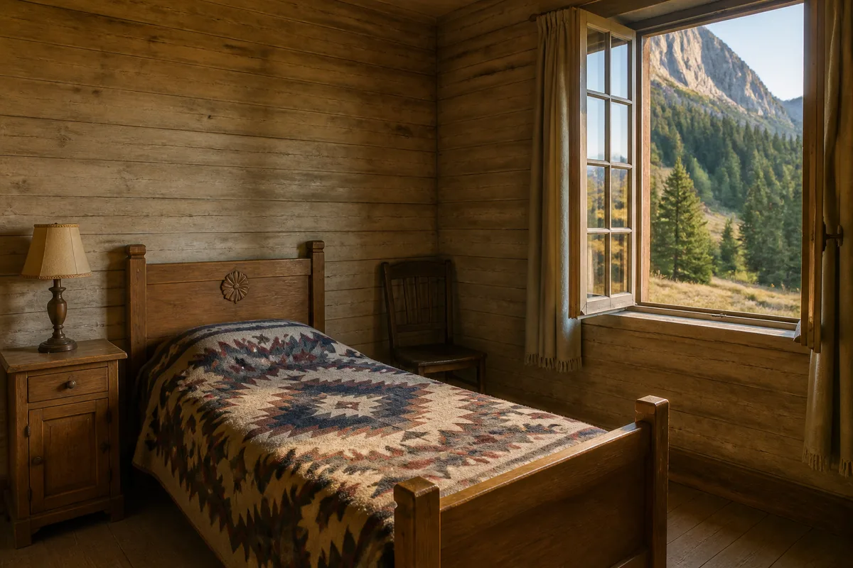 Chambre de lodge ancien aux murs de bois avec fenêtre ouverte sur une forêt de montagne