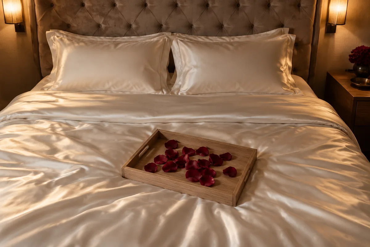 Lit king size aux draps de satin crème avec un plateau de pétales de rose, dans une chambre à la lumière tamisée