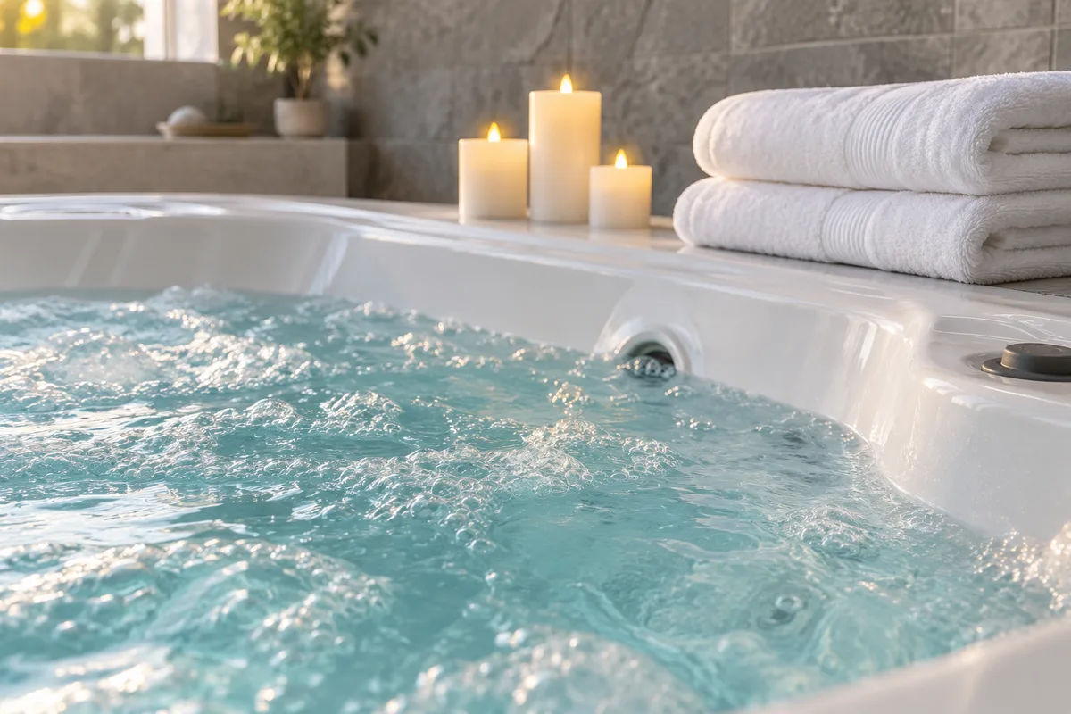 Eau claire d&rsquo;un bain à remous privatif avec des serviettes blanches pliées sur le rebord et des bougies LED allumées