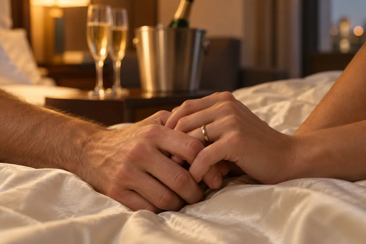 Mains de deux personnes entrelacées sur un drap de satin crème, en cadrage serré
