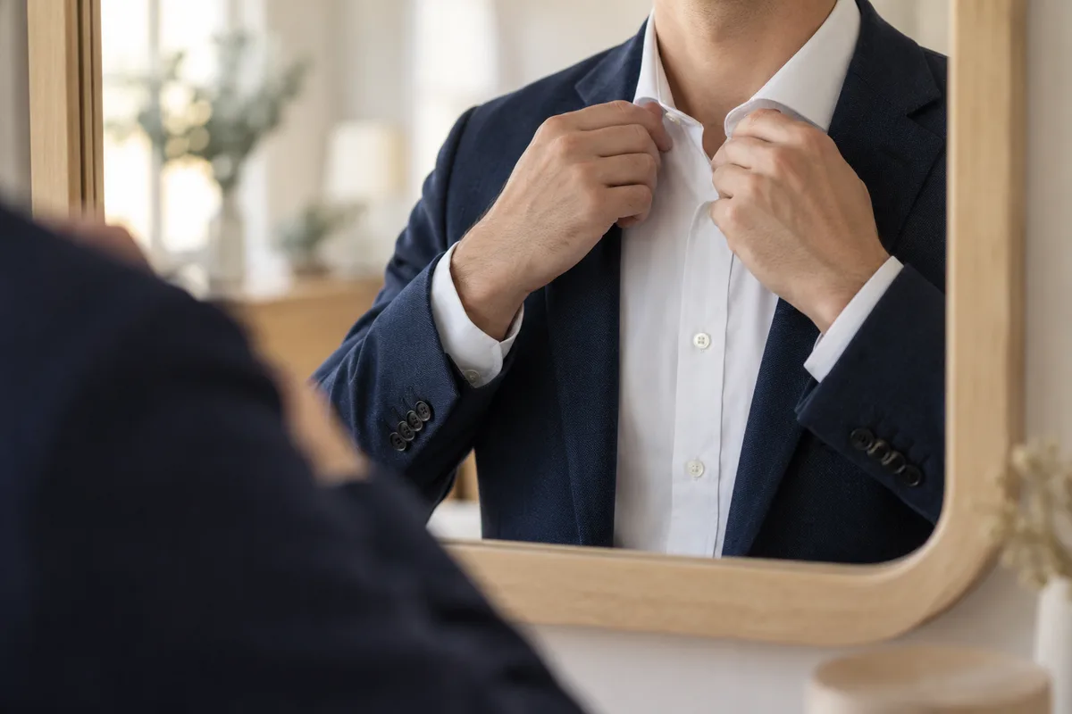 Mains ajustant le col d&rsquo;une chemise blanche devant un miroir avant une photo de CV