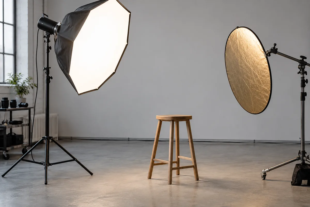 Boîte à lumière allumée et réflecteur doré autour d&rsquo;un tabouret de pose vide