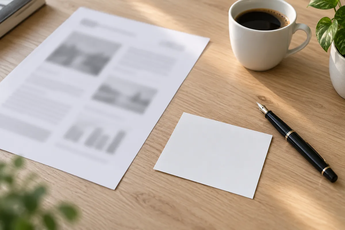 Curriculum vitae imprimé et tirage photo retourné sur un bureau en bois clair
