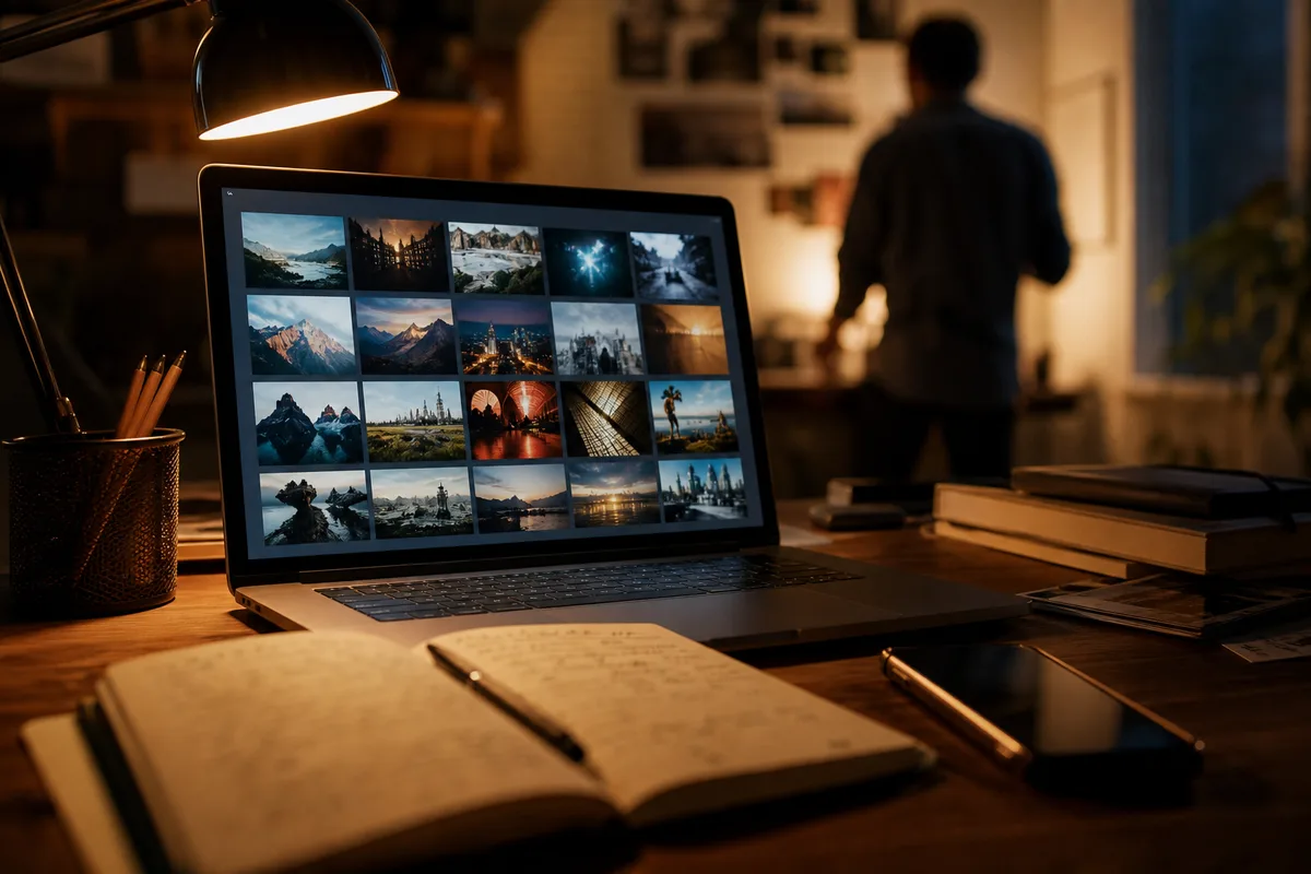 Ordinateur portable ouvert sur un portfolio de photographies, à côté d’un téléphone et d’un carnet de notes