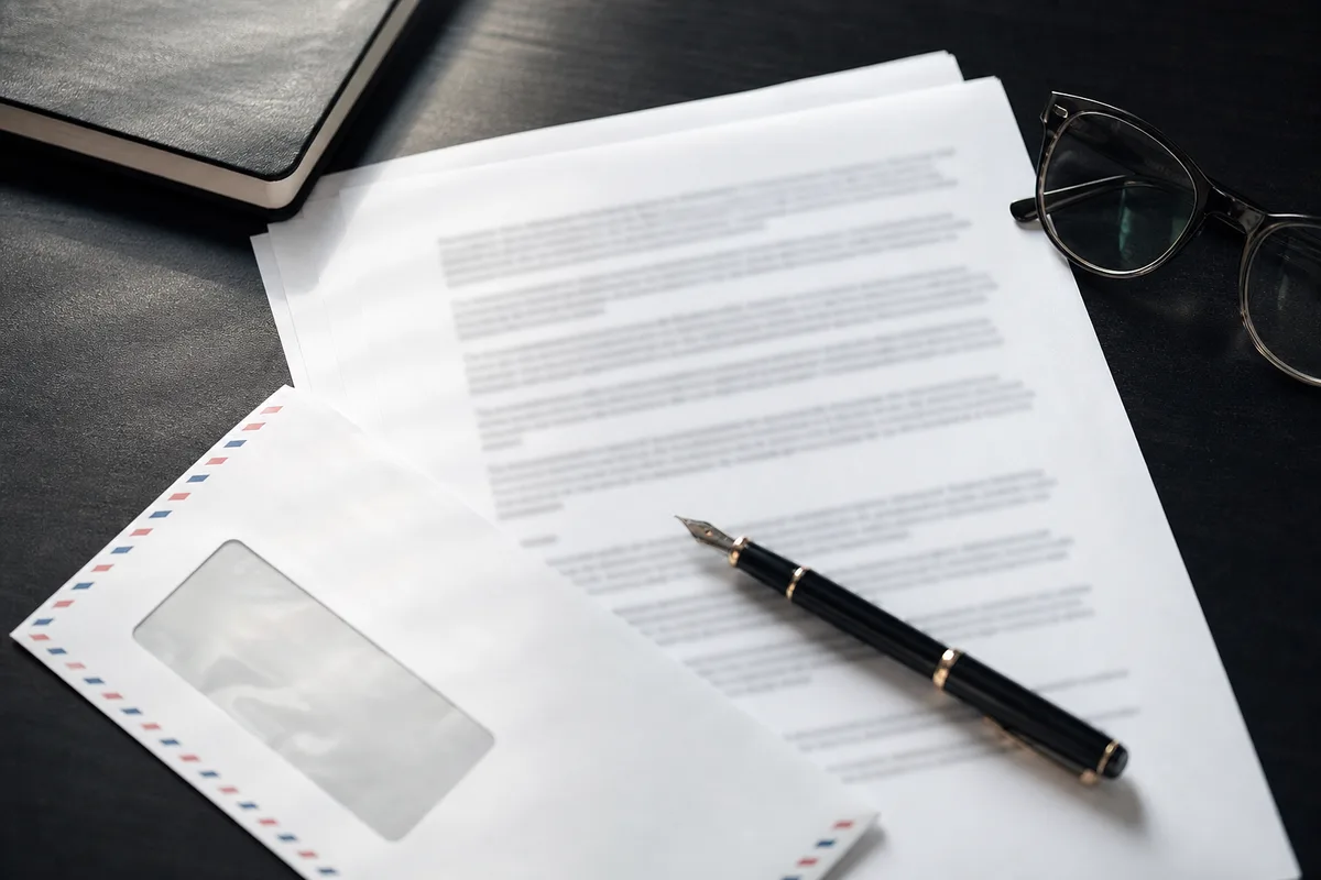 Contrat de prestation photographique posé sur un bureau avec un stylo et une enveloppe de courrier recommandé