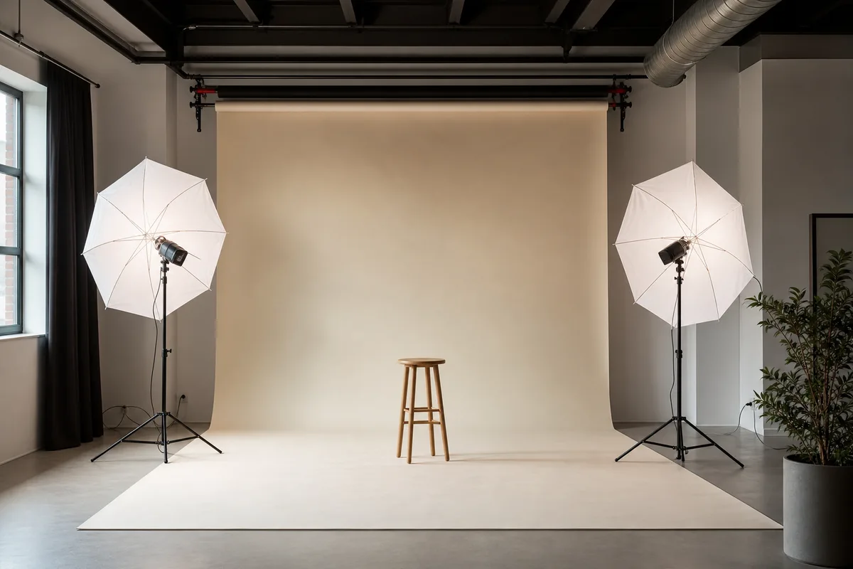 Studio photo professionnel avec fond de papier clair, parapluies de diffusion et tabouret au centre de la pièce