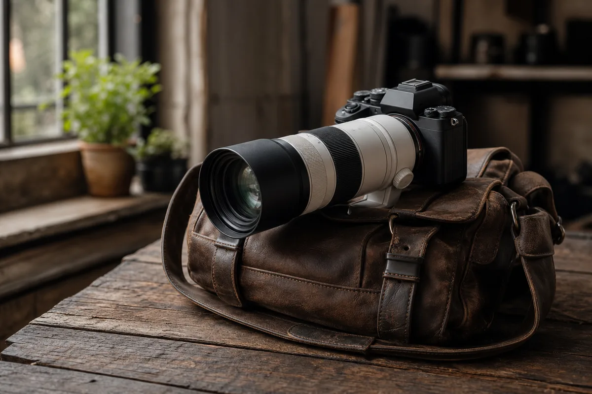 Appareil photo professionnel posé sur une table en lumière naturelle