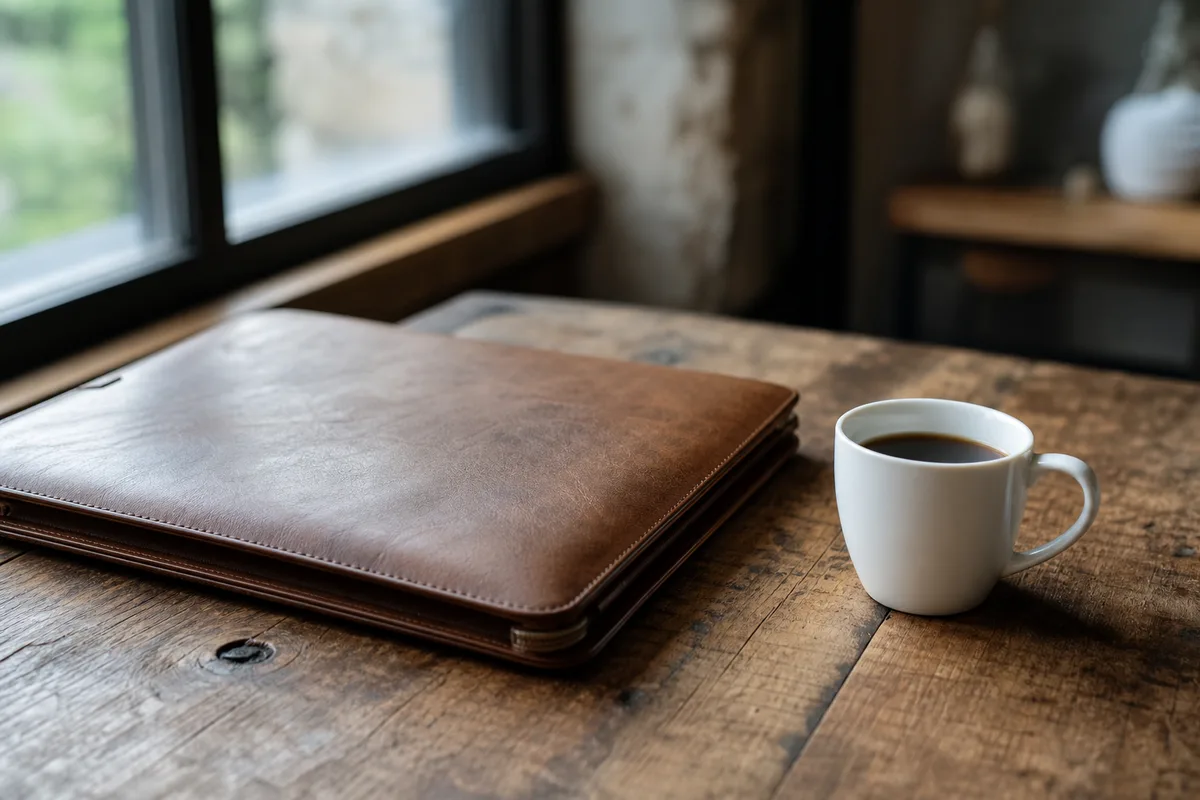 Portfolio en cuir fermé et tasse de café sur une table en bois
