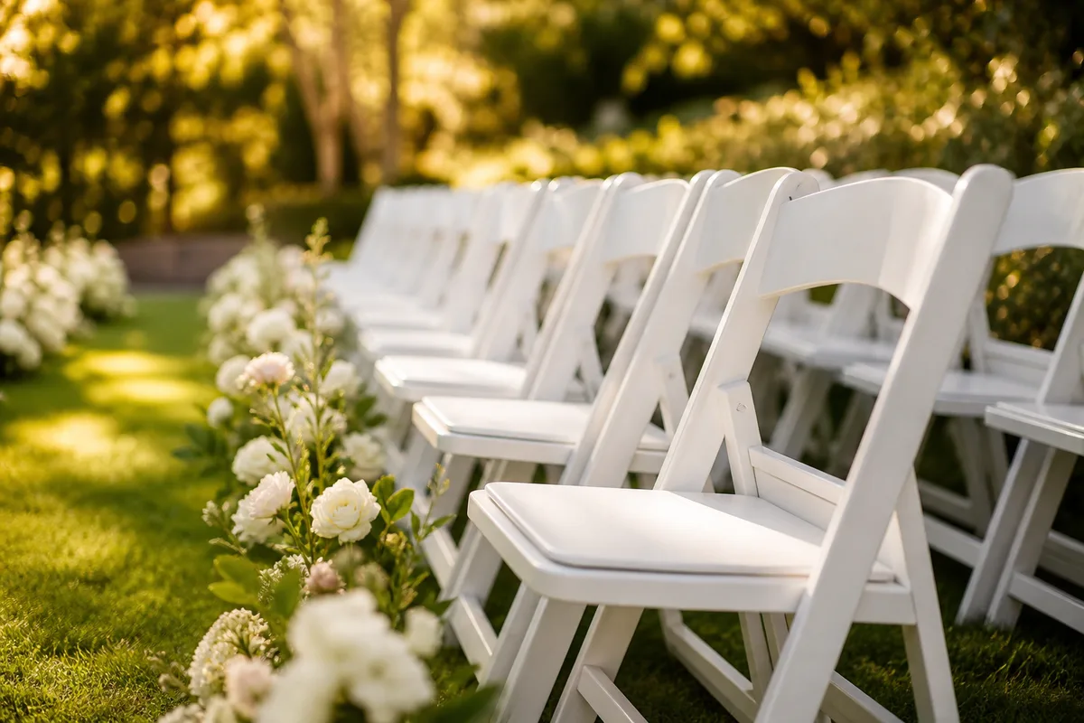 Rangée de chaises vides pour une cérémonie de mariage en extérieur