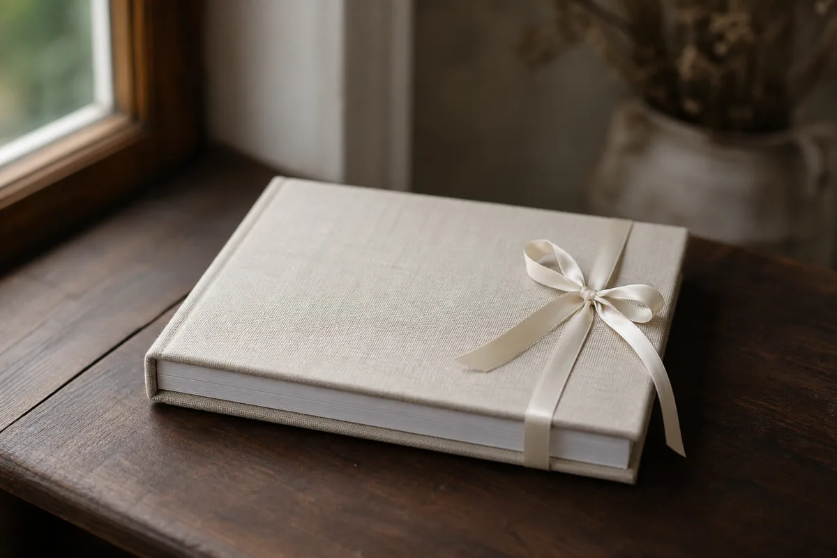 Album de mariage relié, fermé et noué d’un ruban, sur une table