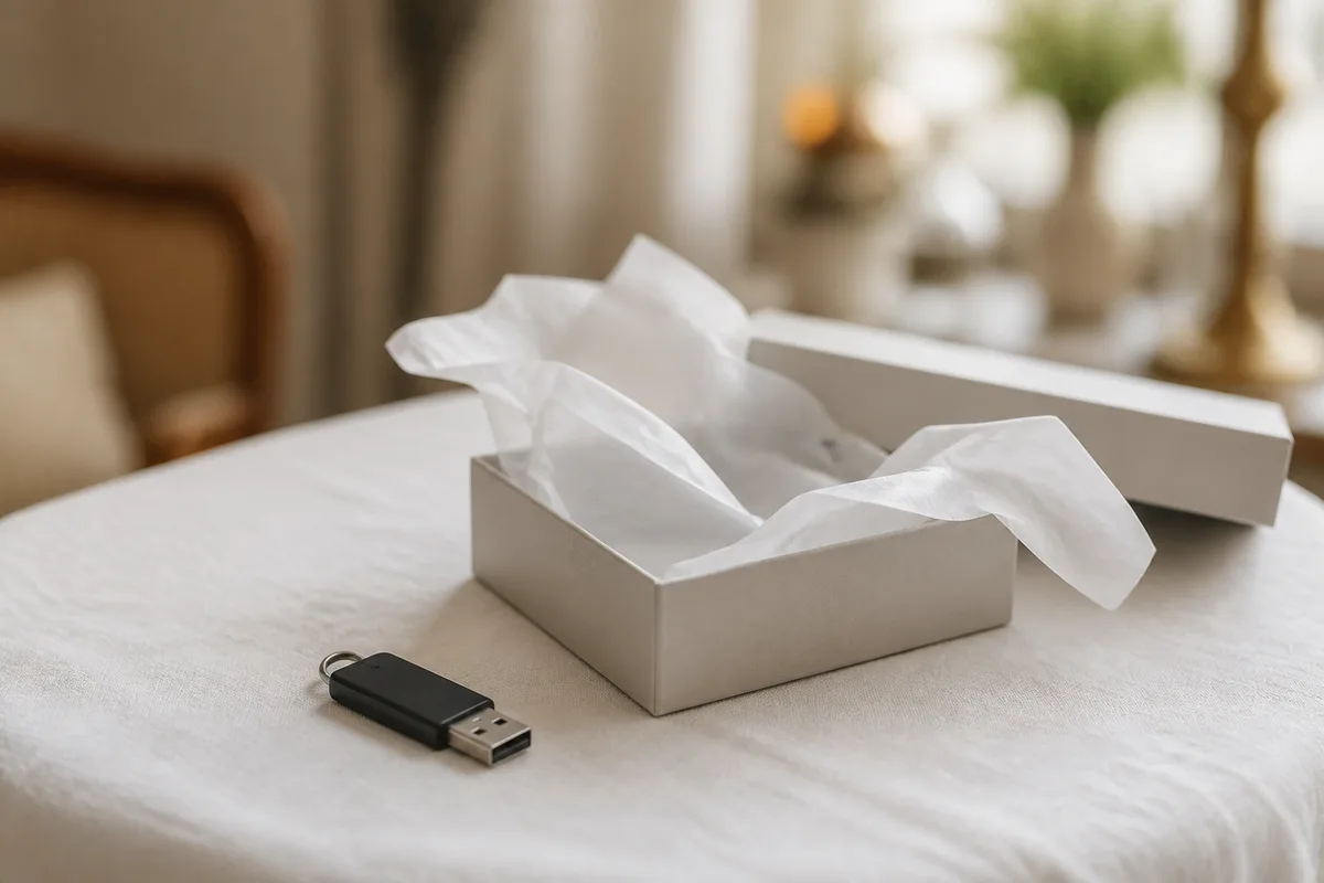 Boîte cadeau ouverte avec papier de soie et clé USB sur un lin blanc