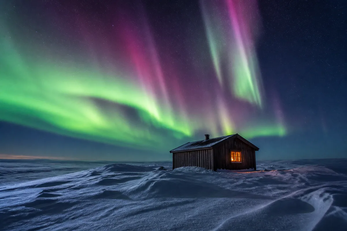 Cabane en bois sous un arc vert, neige fraîche et fenêtre éclairée