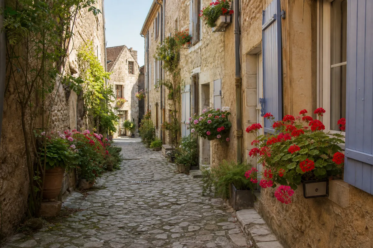 Ruelle pavée d’un village médiéval français bordée de maisons en pierre