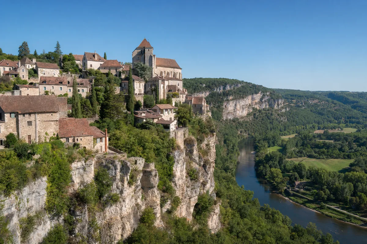 Village perché sur une falaise dominant une vallée verdoyante en France