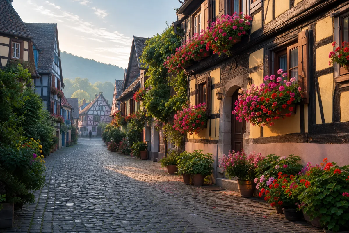 Maisons à colombages fleuries dans un village alsacien au petit matin