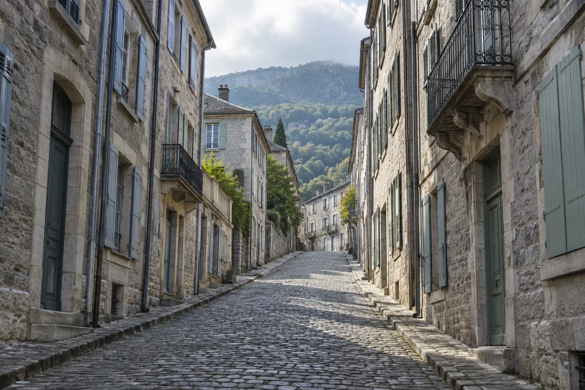 Rue pentue pavée bordée de façades de pierre, collines vertes en arrière-plan