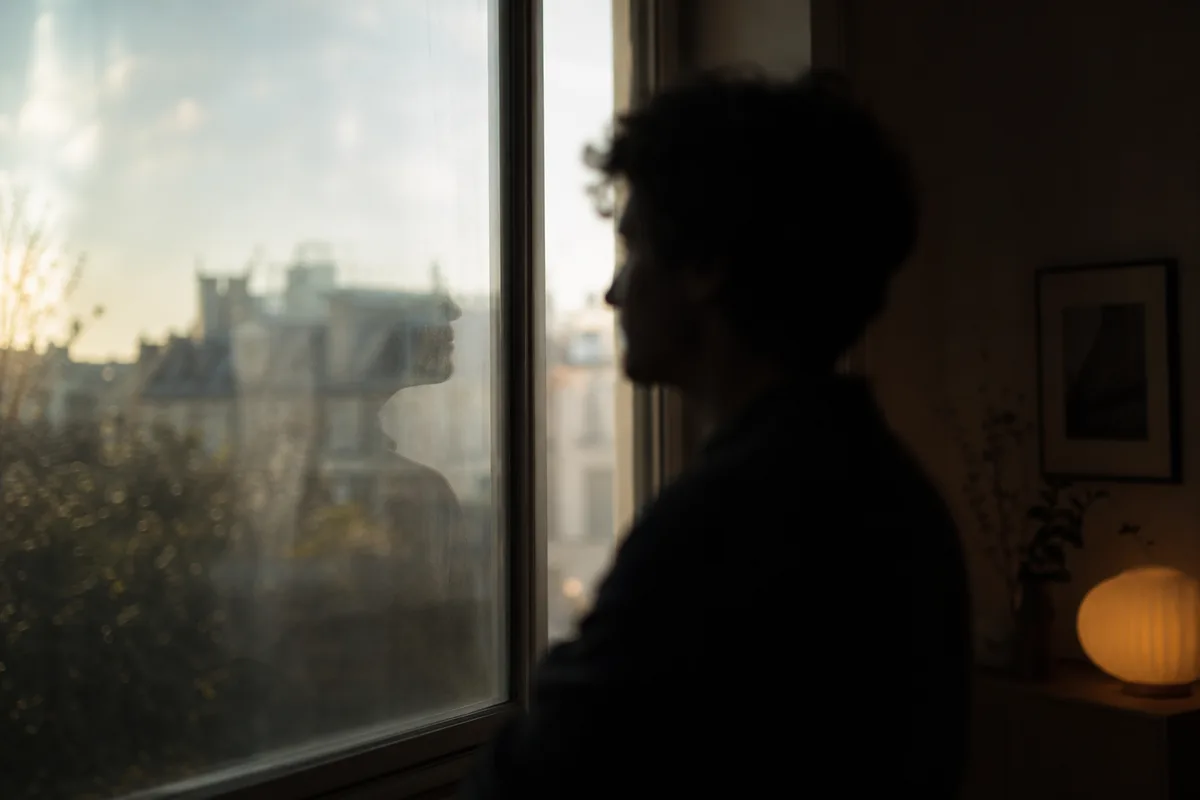 Silhouette de profil à contre-jour devant une fenêtre, reflet lumineux dans le regard