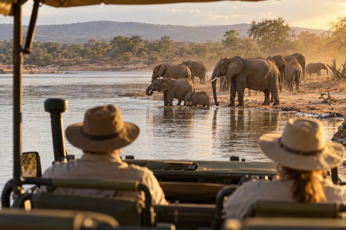 Véhicule tout-terrain ouvert vu de dos, arrêté face à un troupeau d&rsquo;éléphants venu boire au bord d&rsquo;une rivière en fin d&rsquo;après-midi