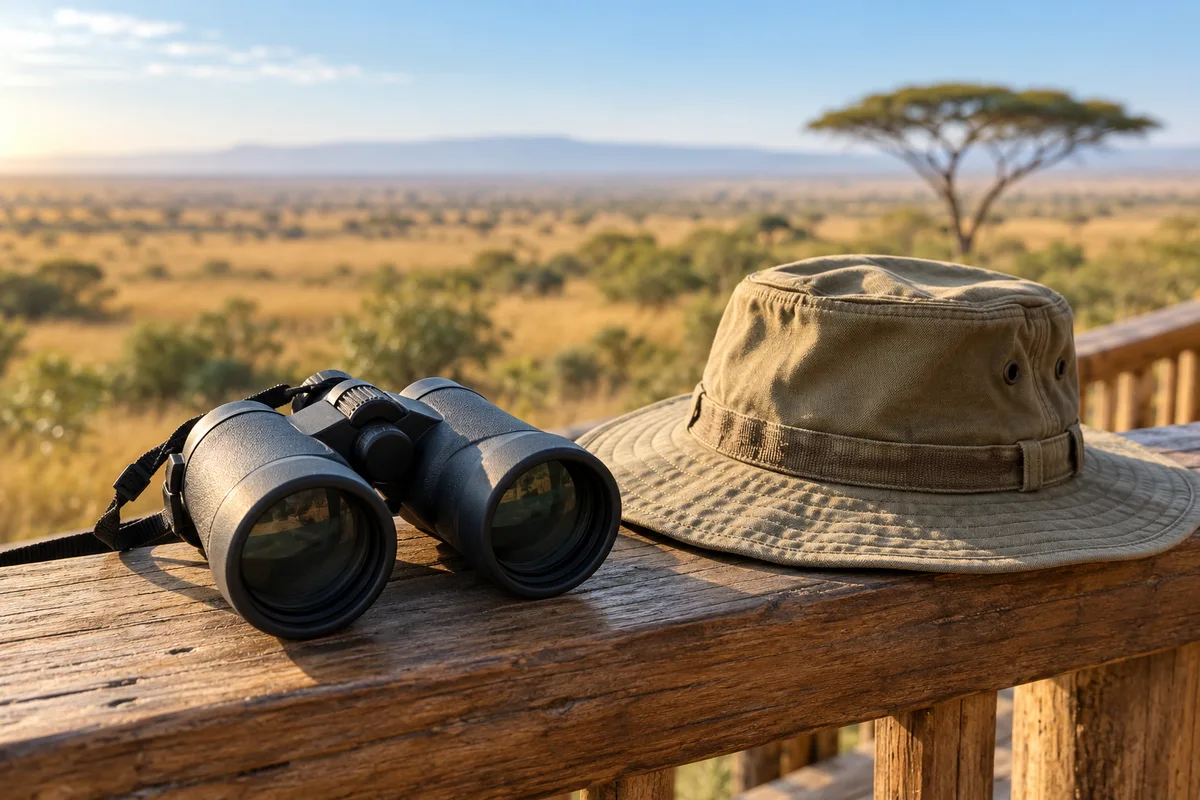 Jumelles et chapeau de toile posés sur la rambarde en bois d&rsquo;un lodge, la savane baignée de lumière matinale en arrière-plan