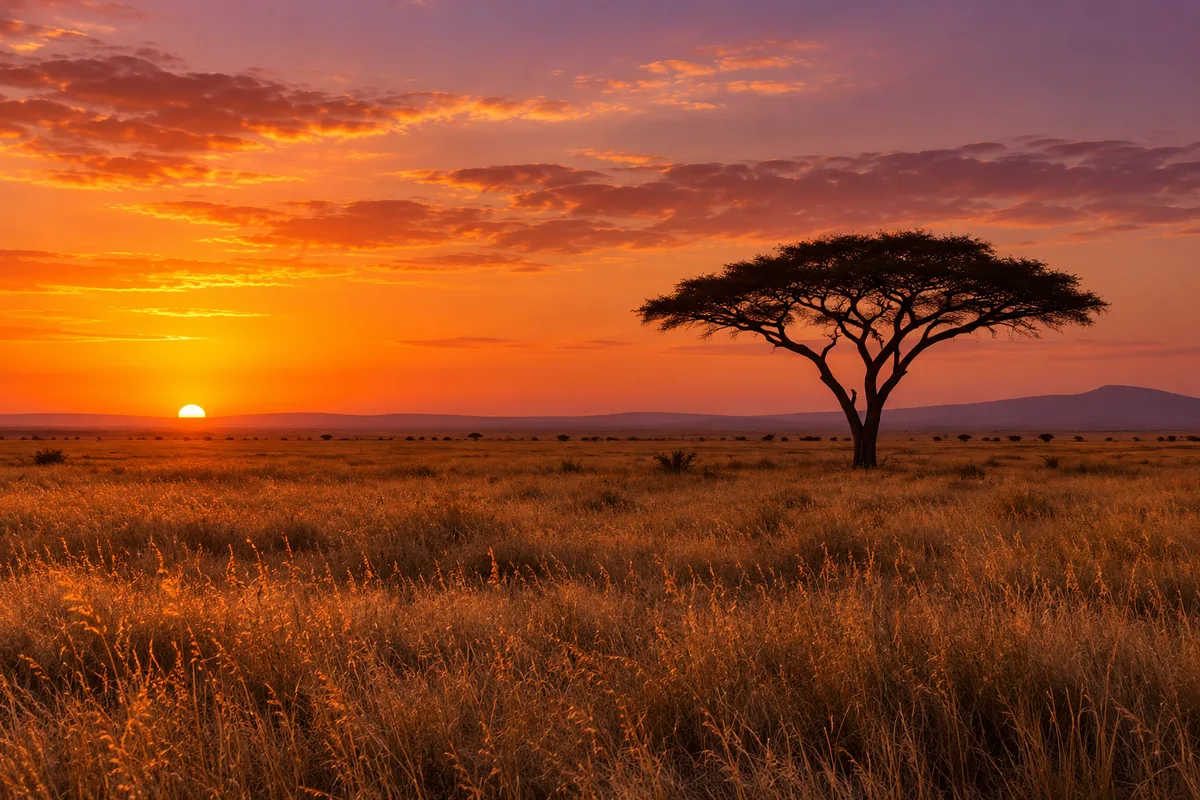 Acacia isolé au milieu de la savane dorée au coucher du soleil, sous un ciel orangé