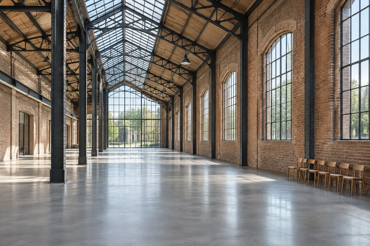 Halle industrielle réhabilitée aux grandes verrières, lumière naturelle traversante
