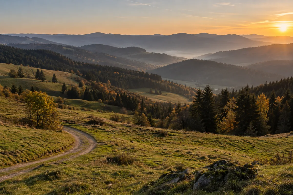 Paysage de moyenne montagne aux collines boisées sous une lumière rasante