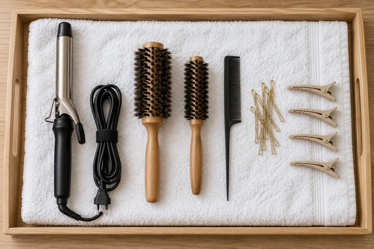 Fer à boucler, brosses rondes et épingles à cheveux posés sur une serviette blanche