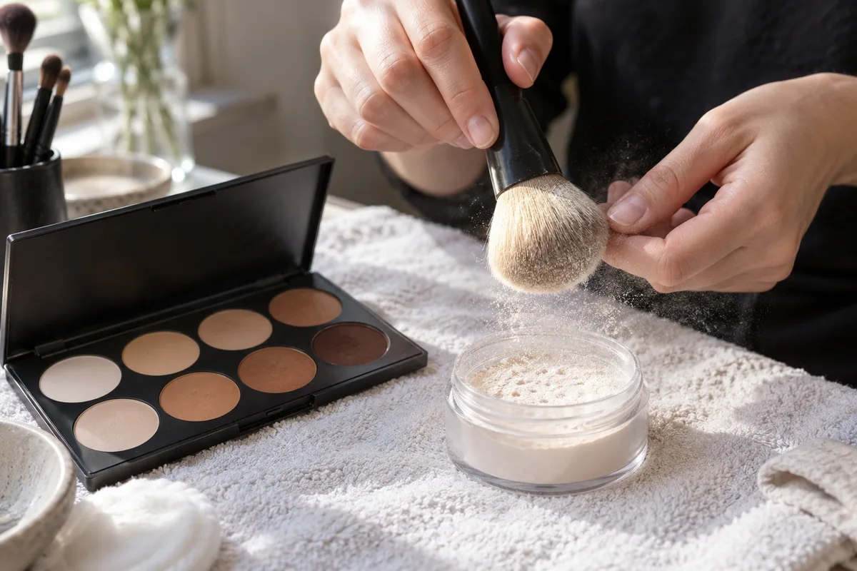 Mains d&rsquo;une maquilleuse chargeant un pinceau de poudre libre au-dessus d&rsquo;une palette de teintes chair