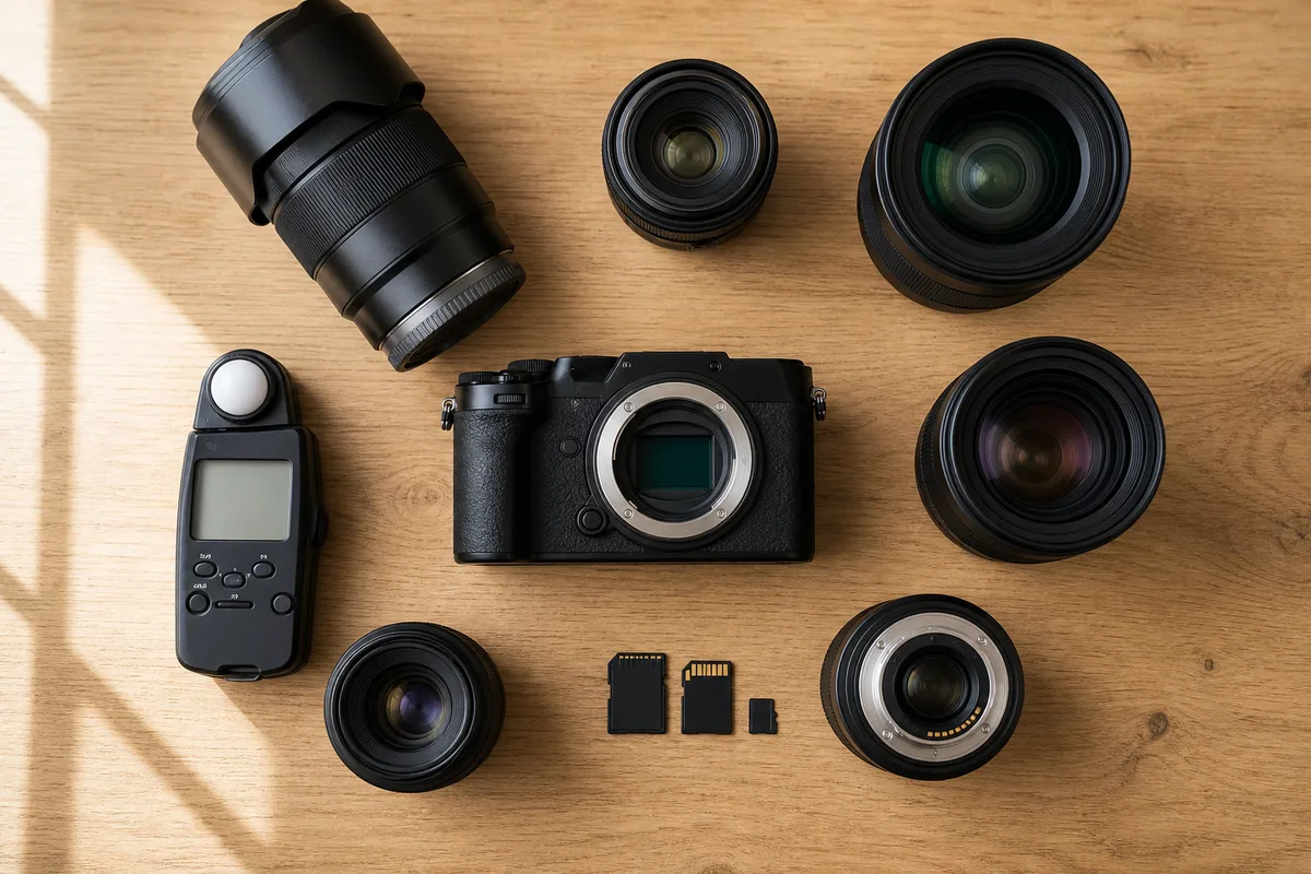 Matériel photographique professionnel posé à plat sur une table en bois, boîtier et objectifs