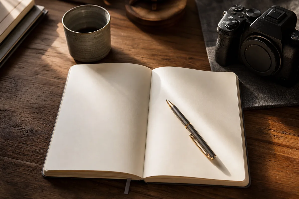 Carnet de rendez-vous ouvert avec un stylo et un boîtier photo posés sur un bureau