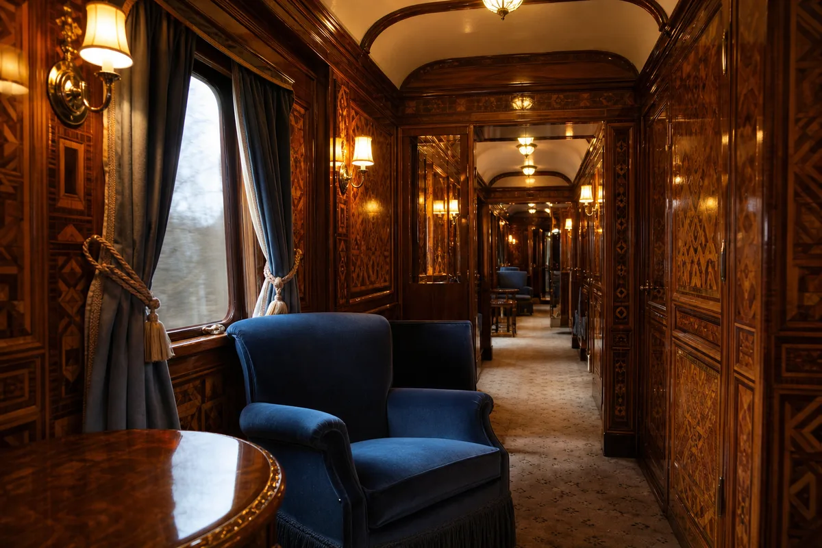 Intérieur Art déco d’une voiture de train de luxe, marqueterie et laiton