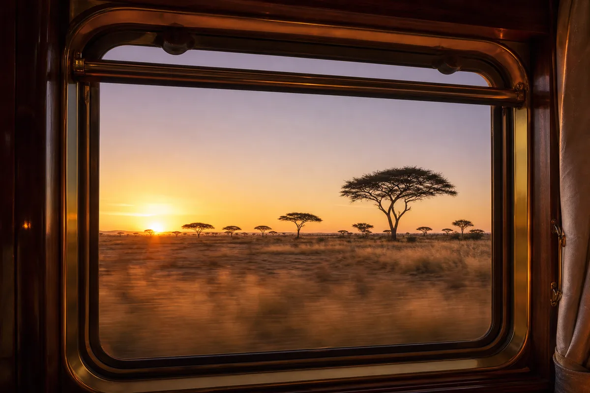 Paysage de savane au coucher du soleil vu depuis la fenêtre d’un train
