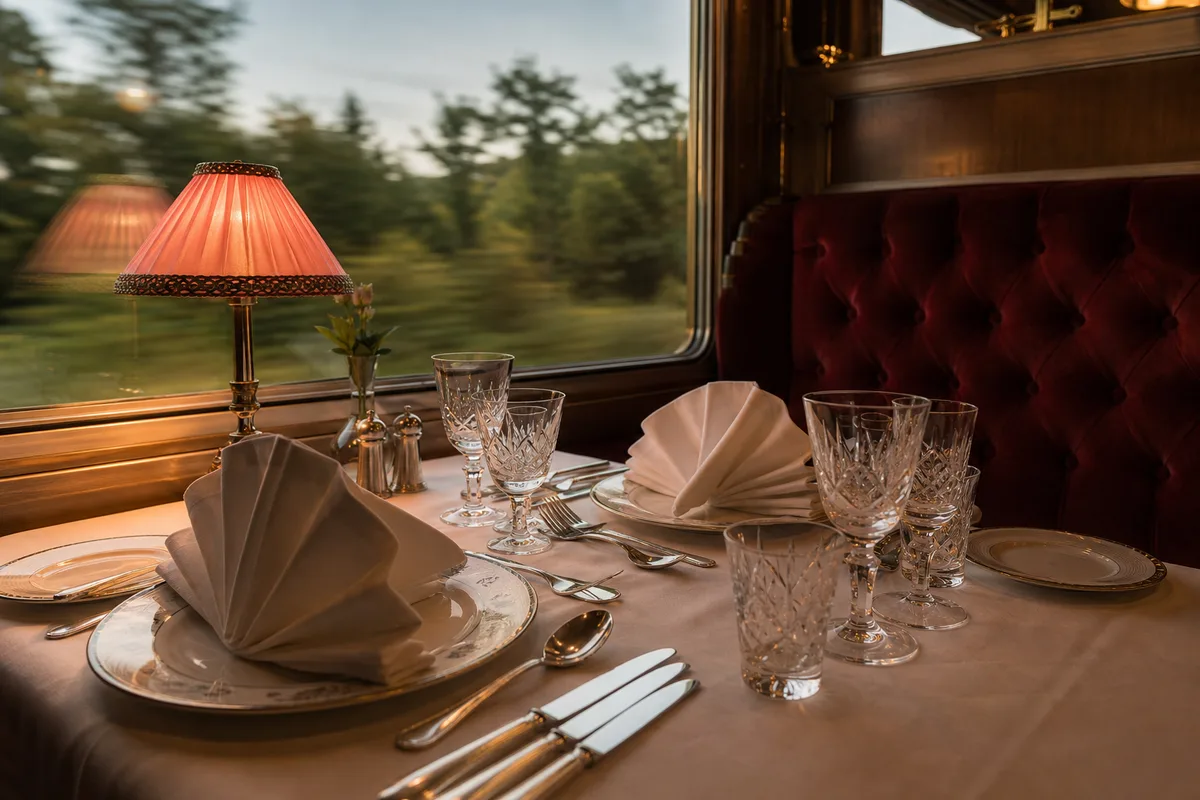 Table dressée avec argenterie et cristal dans une voiture-restaurant