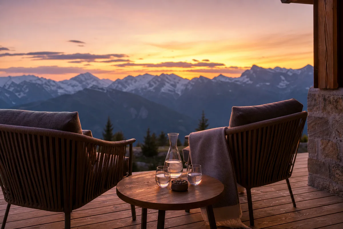 Terrasse d’un hébergement de montagne dressée pour deux au coucher du soleil face aux sommets