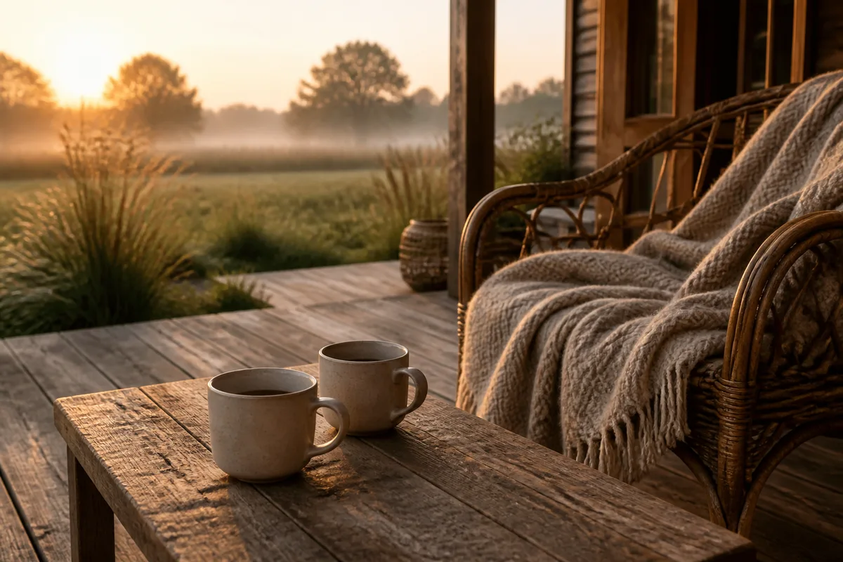Terrasse en bois d&rsquo;une petite maison d&rsquo;hôtes au lever du jour, deux tasses fumantes posées sur une table basse