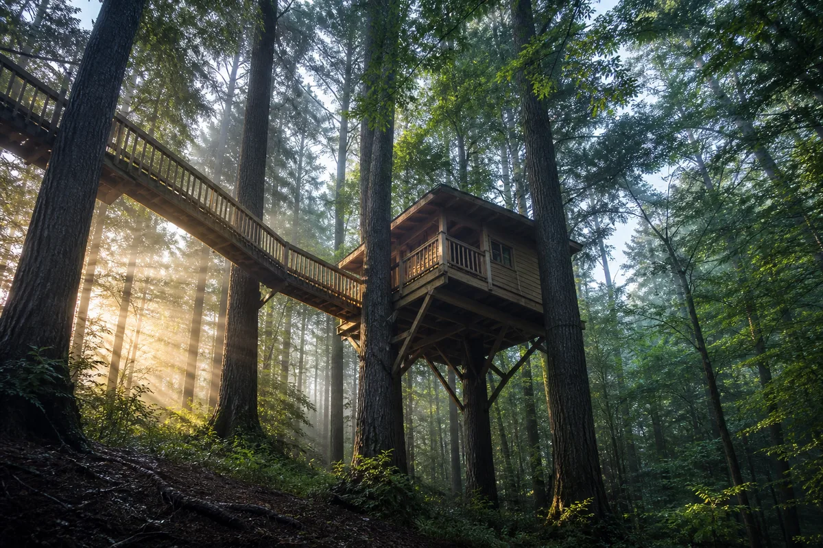 Cabane en bois perchée dans les arbres au petit matin, brume légère entre les troncs