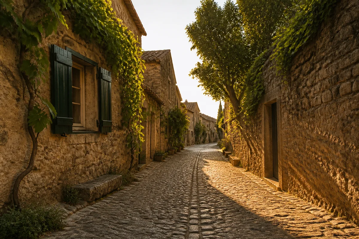 Ruelle de village en pierre au coucher du soleil, vigne grimpante sur un mur ancien